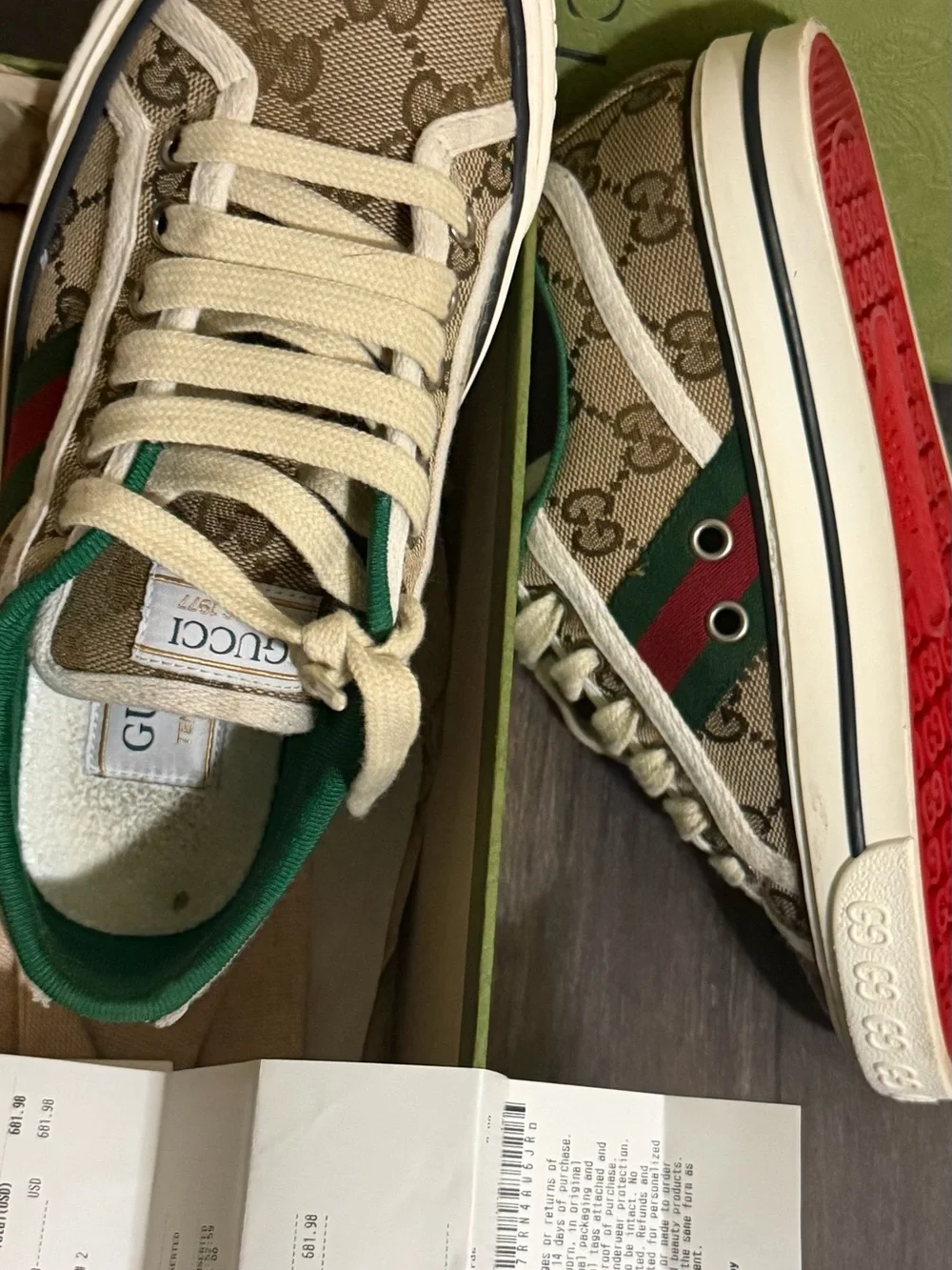 Gucci Beige GG Canvas Sneaker with Red & Green Stripe